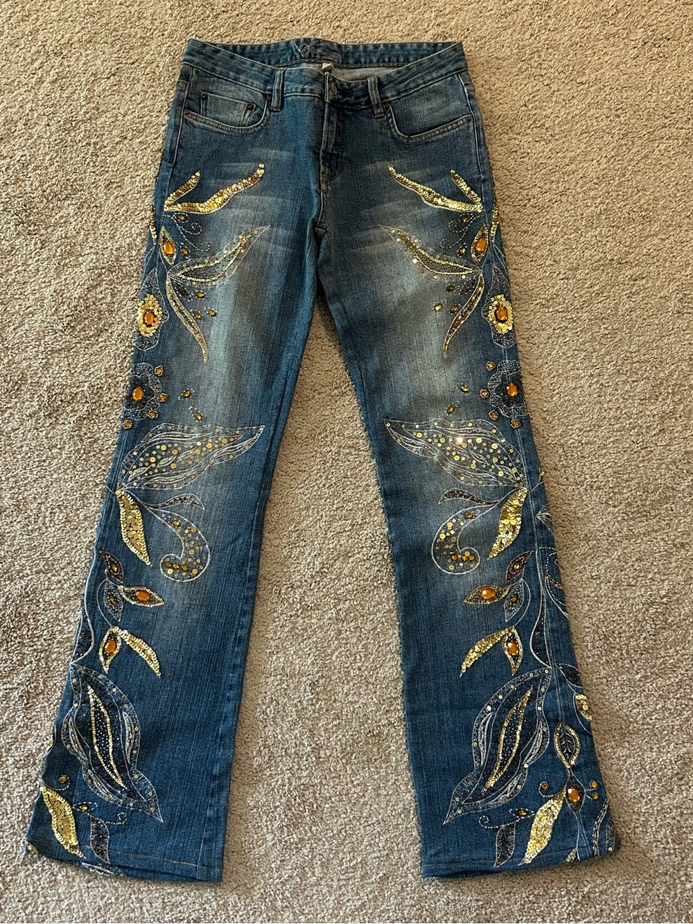 bebe Blue Denim Flare Jeans with Gold & Amber Embellishment